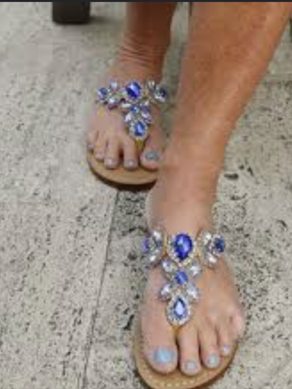Hinyyrin Gold Jeweled Toe-Post Sandals with Blue Crystal Accents, NWT